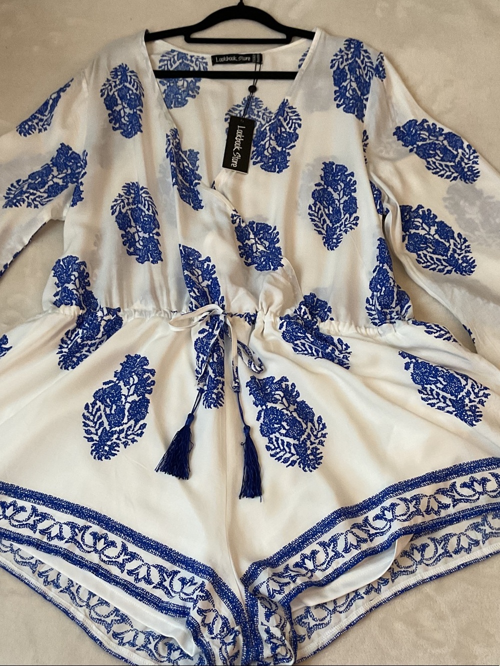 Lulus White Romper with Blue Embroidered Print and Tassel Tie